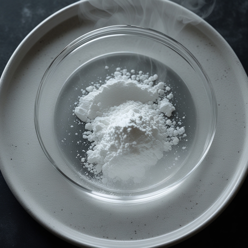 Abstract macro photograph of fine white crystalline powder in a glass laboratory dish on a white surface, representing the pure form of organic compounds