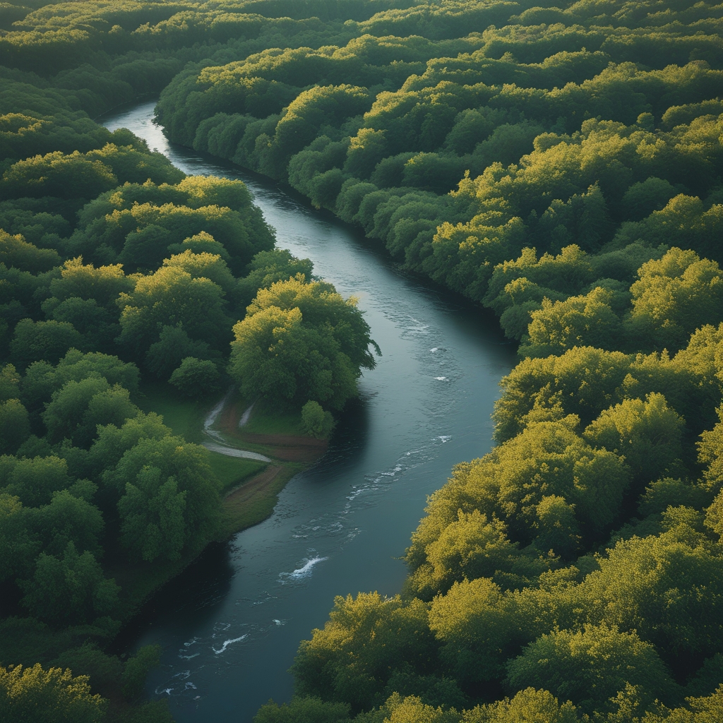 Abstract aerial view of a serene natural landscape showing a river winding through a green forest, representing balance and natural systems